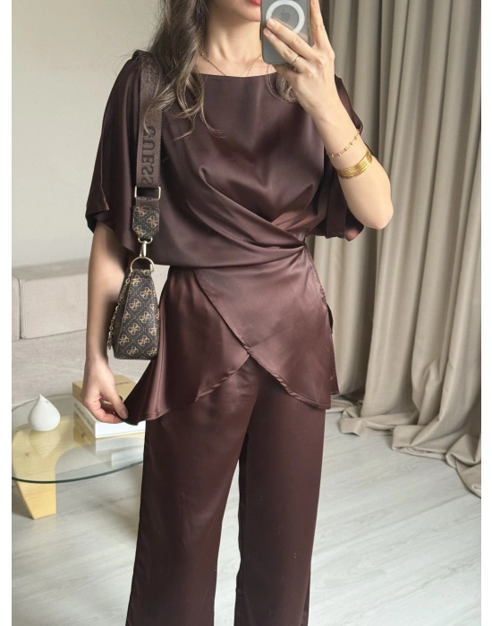 Kahve Bağlamalı Saten Takım