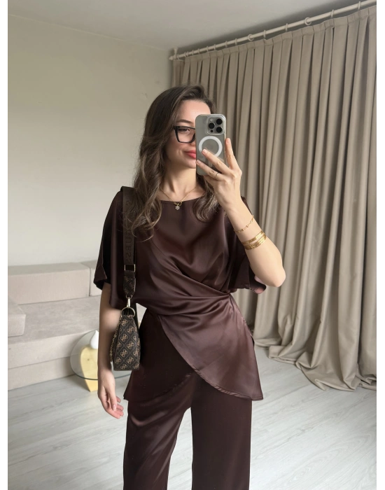 Kahve Bağlamalı Saten Takım