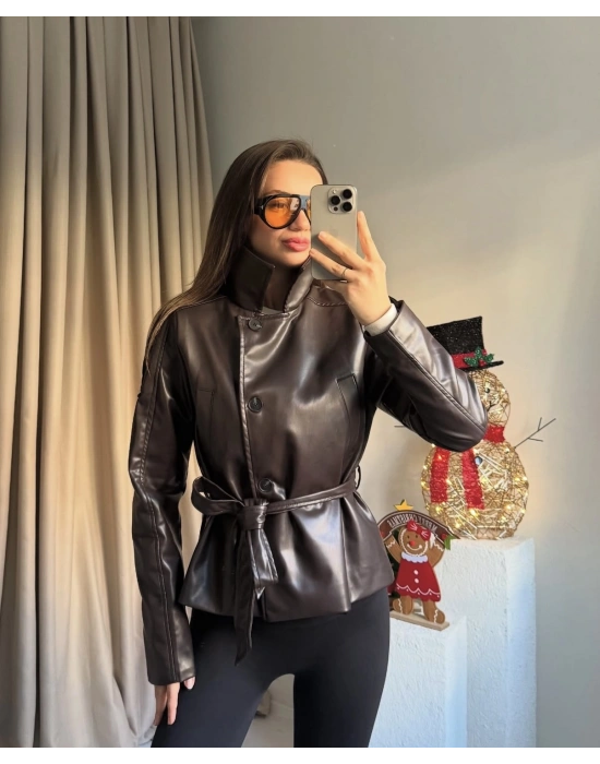 Kahve Kuşaklı Deri Ceket