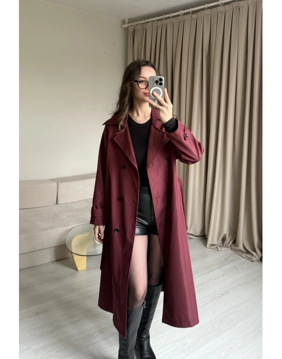 Bordo Düğme Detaylı Uzun Trençkot