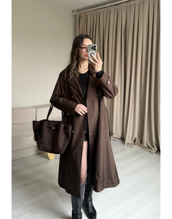 Kahve Düğme Detaylı Uzun Trençkot