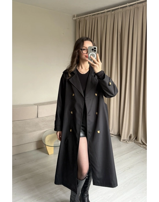 Siyah Düğme Detaylı Uzun Trençkot