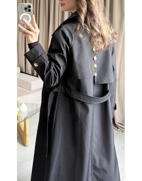 Siyah Düğme Detaylı Uzun Trençkot