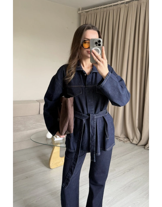 Kuşaklı Çıtçıtlı Denim Takım