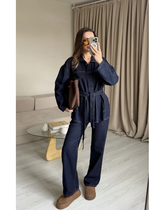 Kuşaklı Çıtçıtlı Denim Takım