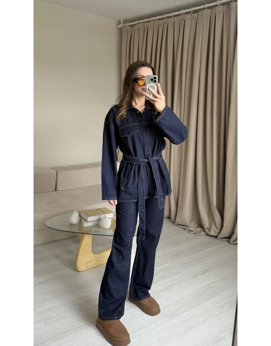 Kuşaklı Çıtçıtlı Denim Takım