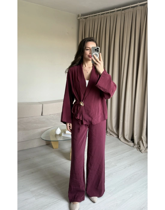 Mürdüm Broşlu Pantolon Takımm