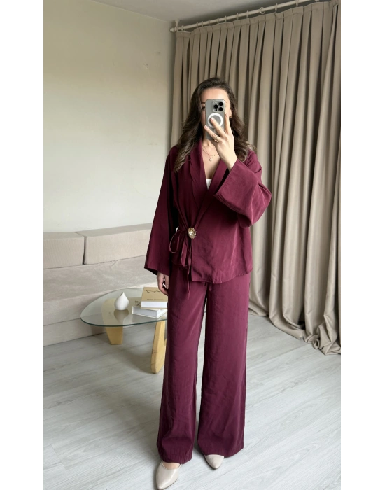 Mürdüm Broşlu Pantolon Takımm