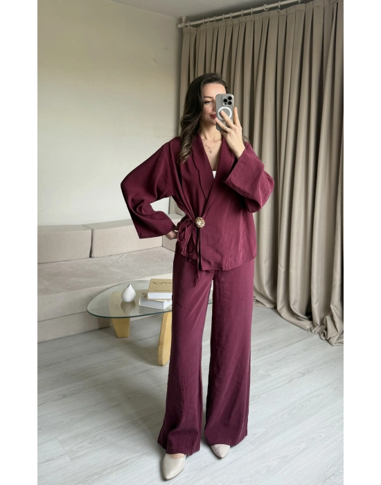 Mürdüm Broşlu Pantolon Takımm