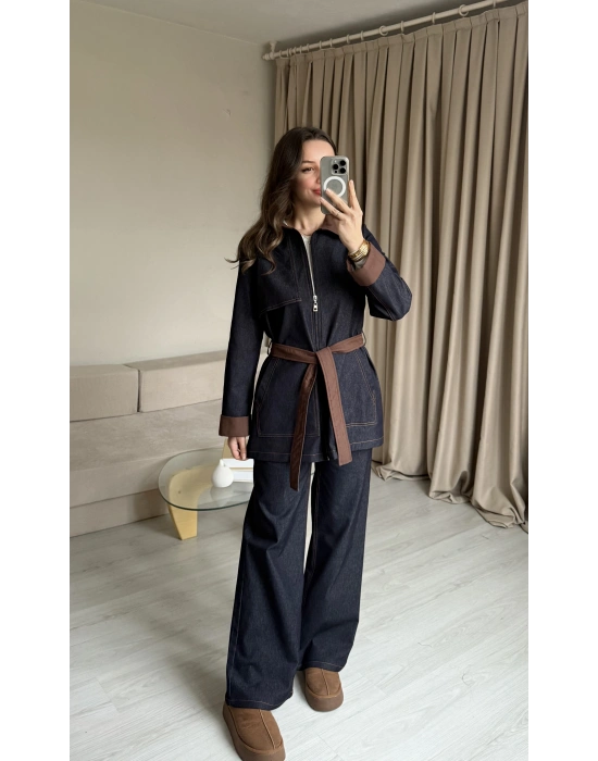 Kot Çift Kuşaklı Denim Takım