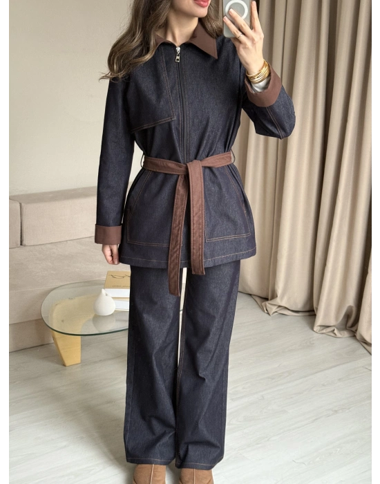 Kot Çift Kuşaklı Denim Takım
