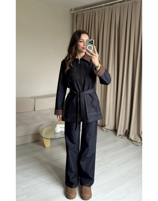 Kot Çift Kuşaklı Denim Takım