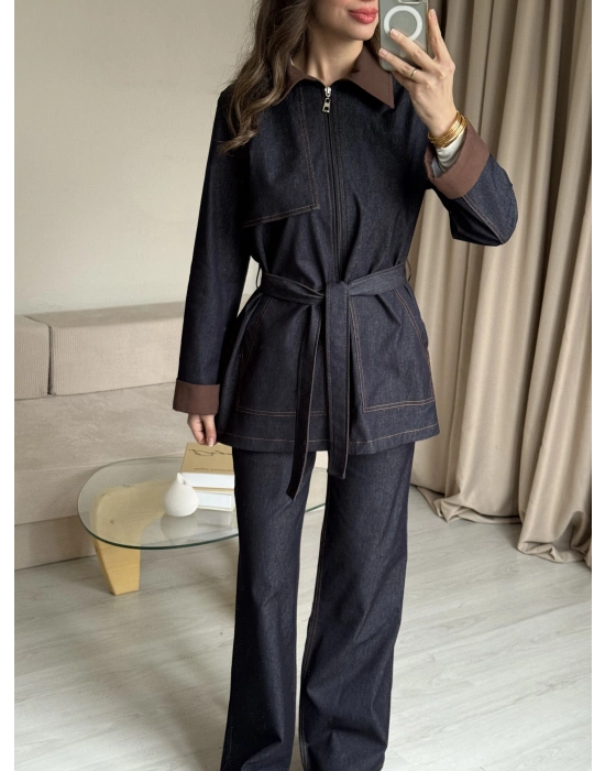 Kot Çift Kuşaklı Denim Takım