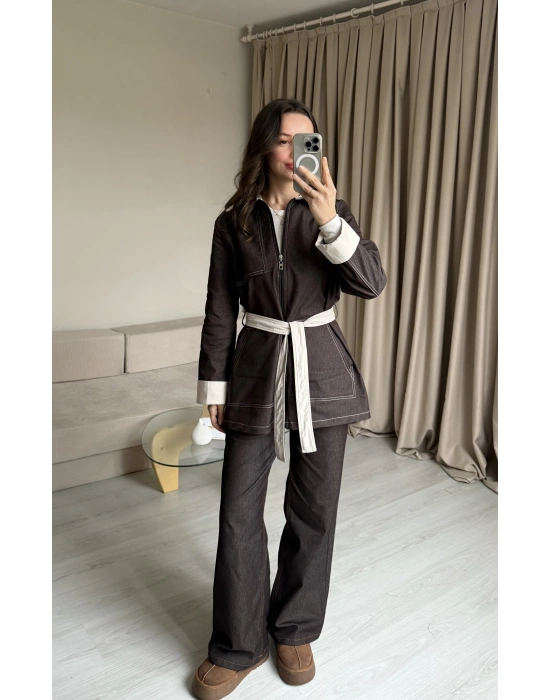Kahve Çift Kuşaklı Denim Takım