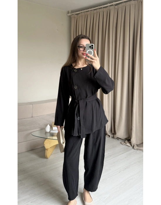 Siyah Düğmeli Şalvar Pantolon Takım