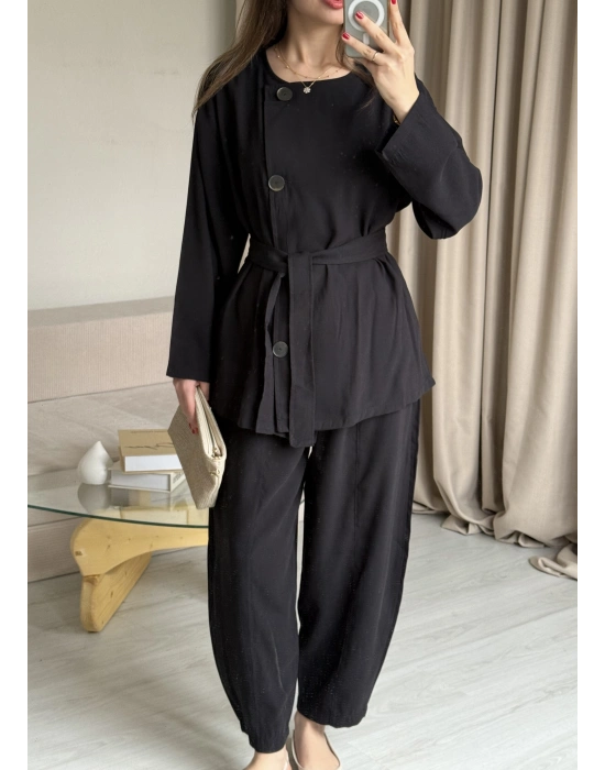 Siyah Düğmeli Şalvar Pantolon Takım