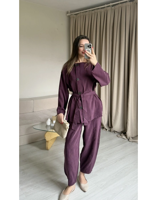 Mürdüm Düğmeli Şalvar Pantolon Takım