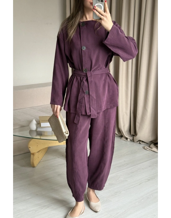 Mürdüm Düğmeli Şalvar Pantolon Takım