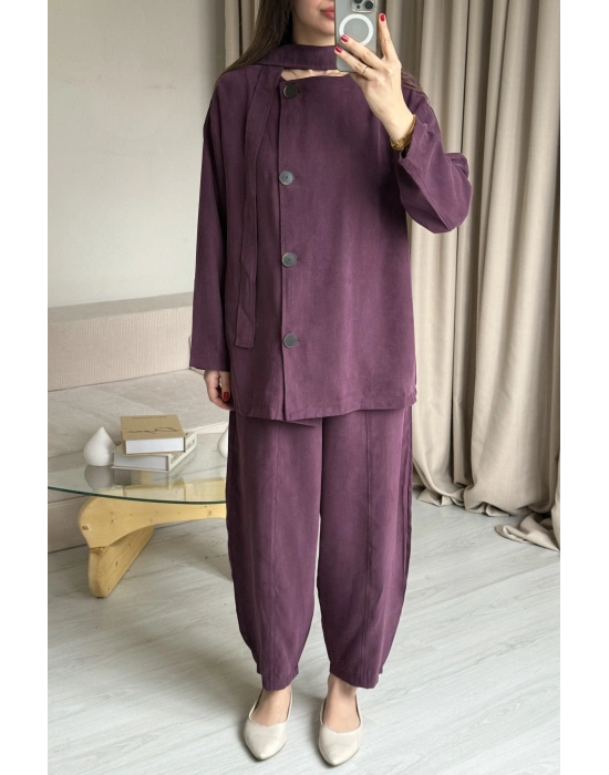 Mürdüm Düğmeli Şalvar Pantolon Takım