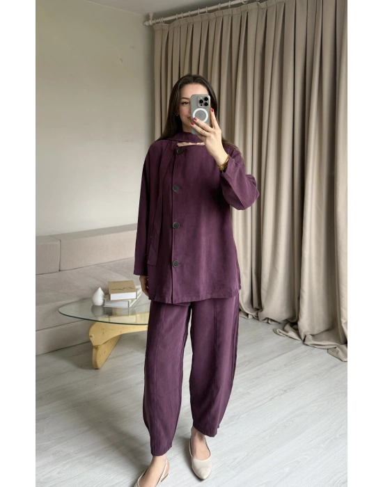 Mürdüm Düğmeli Şalvar Pantolon Takım