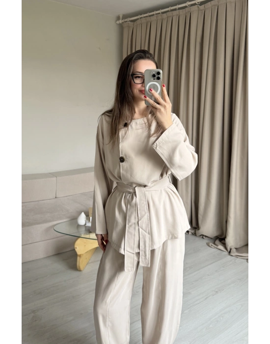 Bej Düğmeli Şalvar Pantolon Takım