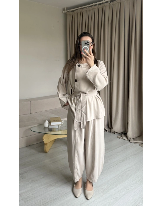 Bej Düğmeli Şalvar Pantolon Takım