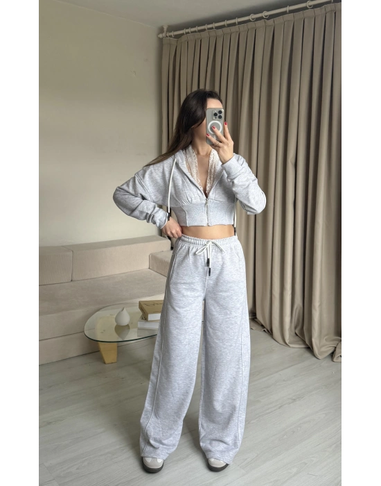 Gri Dantel Detaylı Crop Hırka Takım