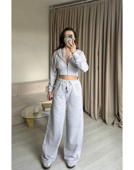 Gri Dantel Detaylı Crop Hırka Takım