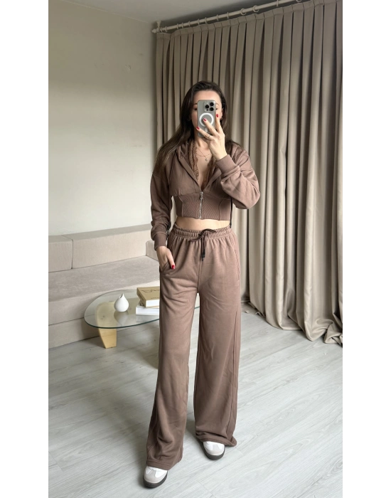 Kahve Dantel Detaylı Crop Hırka Takım