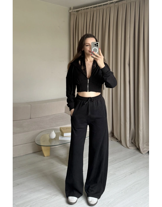 Siyah Dantel Detaylı Crop Hırka Takım