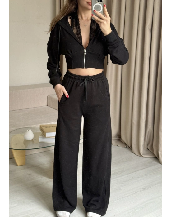 Siyah Dantel Detaylı Crop Hırka Takım