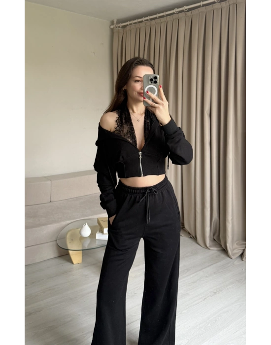 Siyah Dantel Detaylı Crop Hırka Takım
