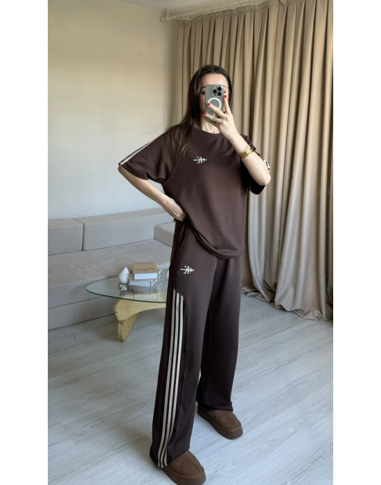 Kahve Yan Şeritli Marka Eşofman Takım