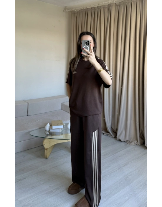 Kahve Yan Şeritli Marka Eşofman Takım