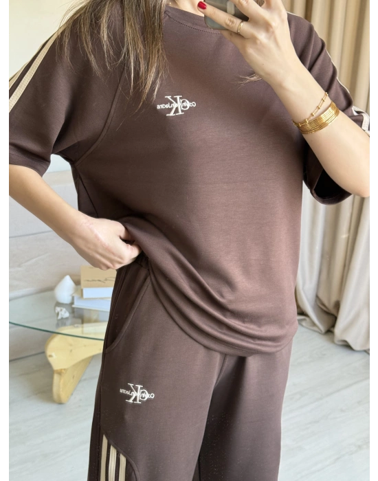 Kahve Yan Şeritli Marka Eşofman Takım