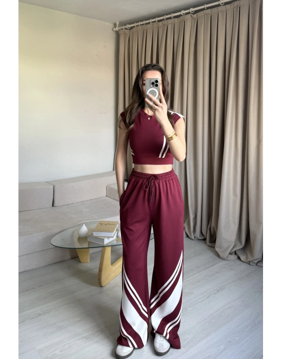 Bordo Crop Sıfır Kol Eşofman Takım