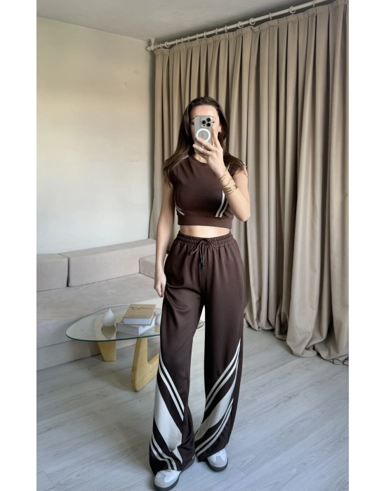 Kahve Crop Sıfır Kol Eşofman Takım