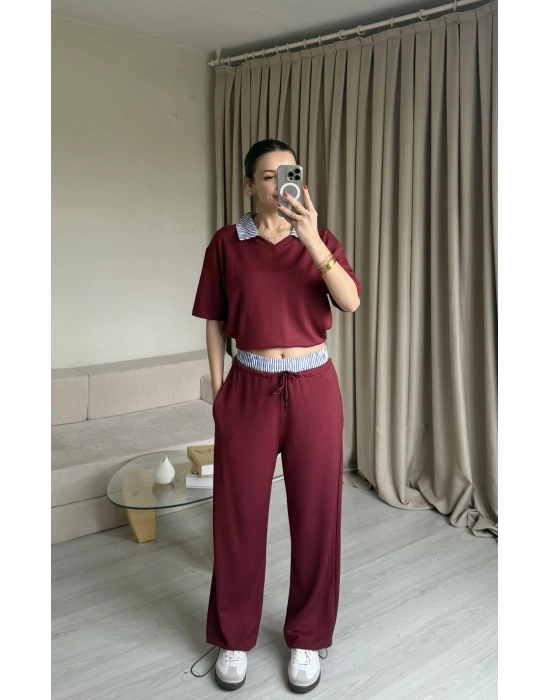 Bordo Gömlek Yaka Eşofman Takım