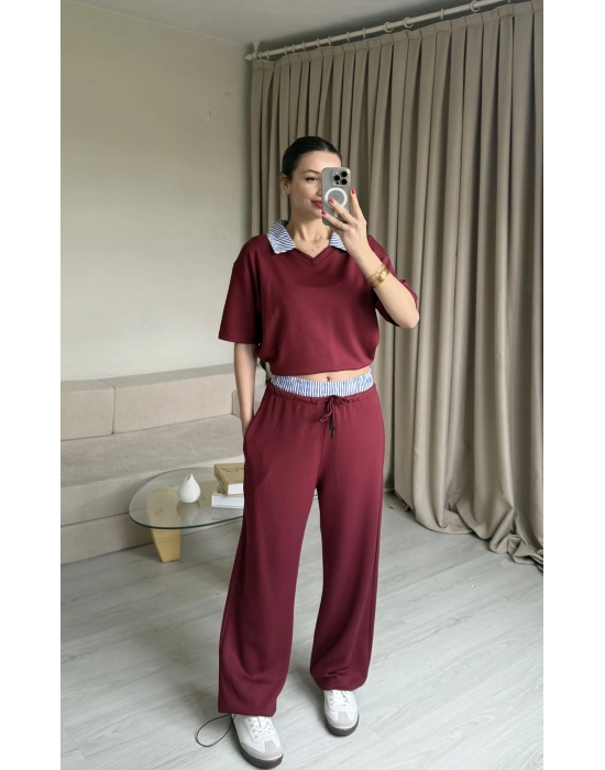 Bordo Gömlek Yaka Eşofman Takım