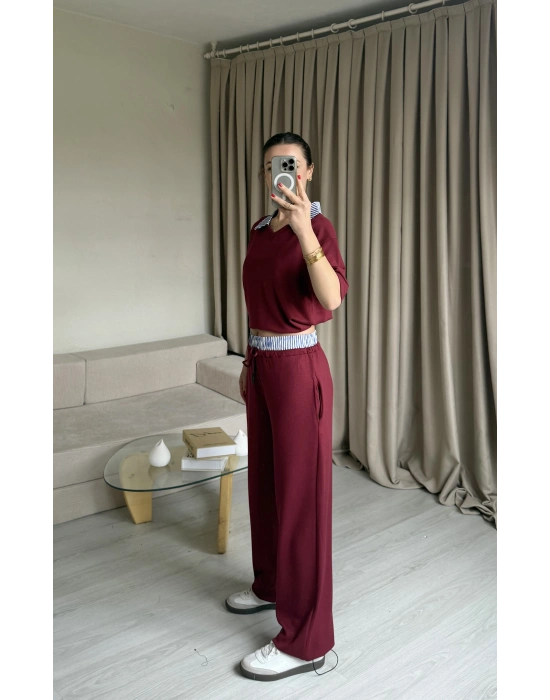 Bordo Gömlek Yaka Eşofman Takım