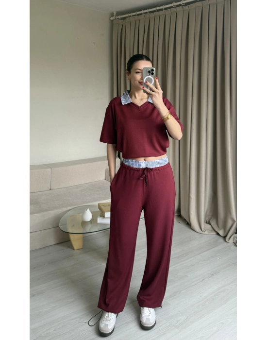 Bordo Gömlek Yaka Eşofman Takım