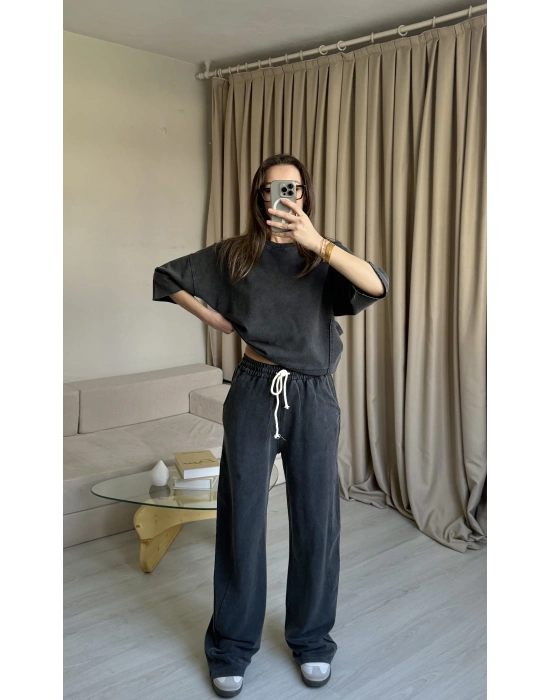 Gri Eskitme Eşofman Takımı