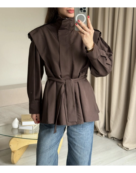 Acı Kahve Fermuarlı Dik Yaka Trençkot