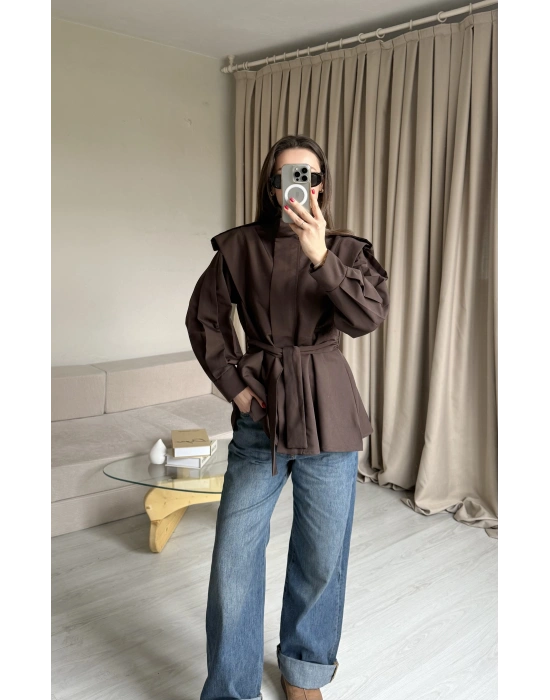 Acı Kahve Fermuarlı Dik Yaka Trençkot