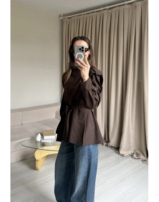 Acı Kahve Fermuarlı Dik Yaka Trençkot