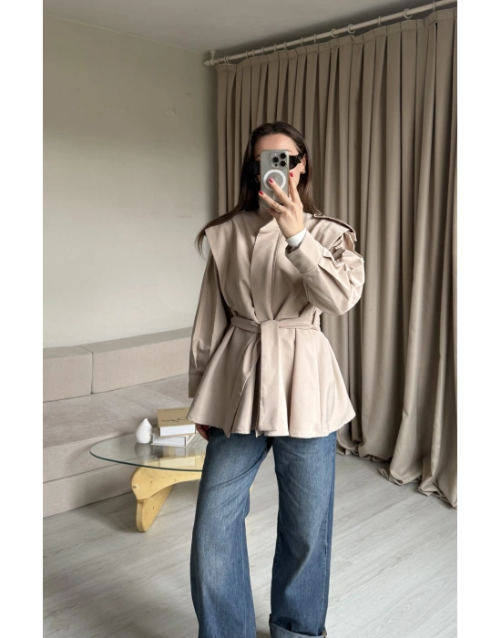 Krem Fermuarlı Dik Yaka Trençkot