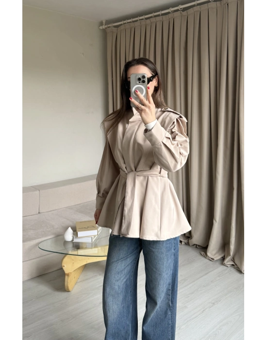 Krem Fermuarlı Dik Yaka Trençkot