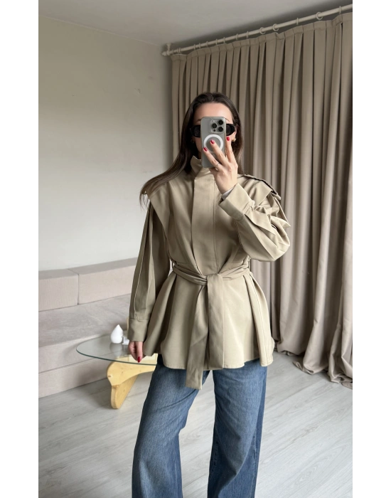 Çağla Yeşil Fermuarlı Dik Yaka Trençkot