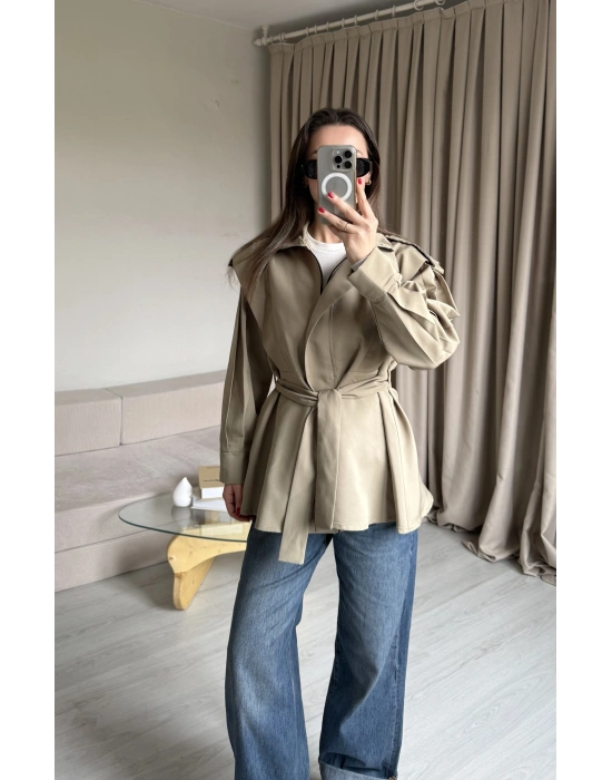 Çağla Yeşil Fermuarlı Dik Yaka Trençkot