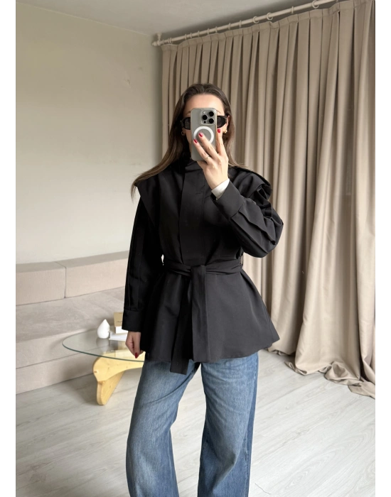 Siyah Fermuarlı Dik Yaka Trençkot